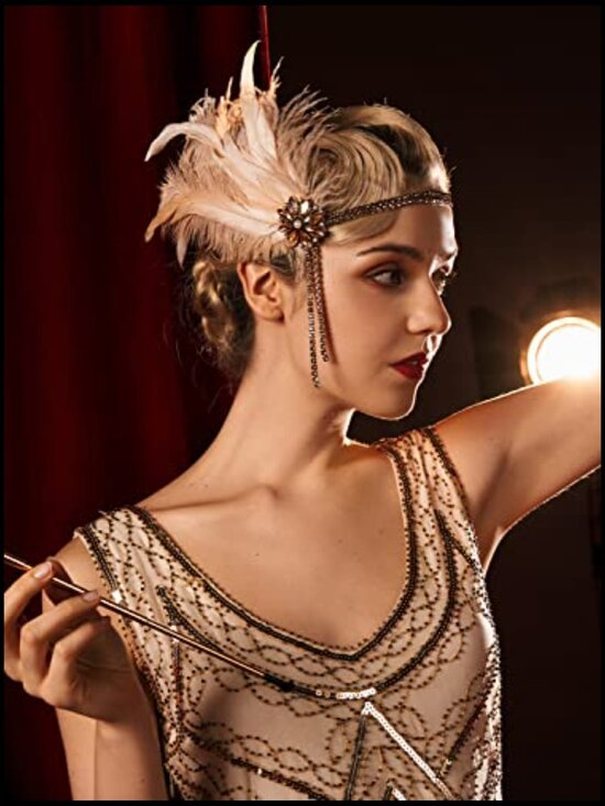Vintage 1920s Flapper Headband Rhinestone Pearl Feather Hair Accessory Gatsby